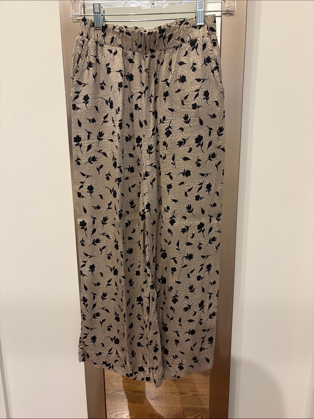 Beige Wide Leg Floral Print Silk Pants